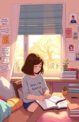 A touching illustration of a teenage girl sitting in a cozy bedroom, filled with warm sunlight streaming through the window