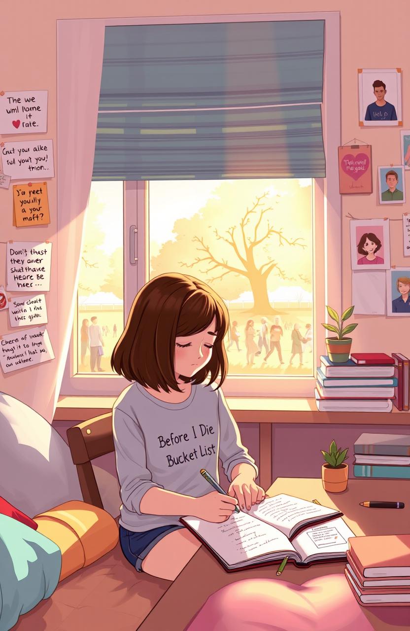 A touching illustration of a teenage girl sitting in a cozy bedroom, filled with warm sunlight streaming through the window