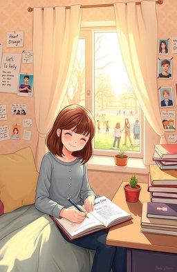 A touching illustration of a teenage girl sitting in a cozy bedroom, filled with warm sunlight streaming through the window