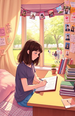 A touching illustration of a teenage girl sitting in a cozy bedroom, filled with warm sunlight streaming through the window