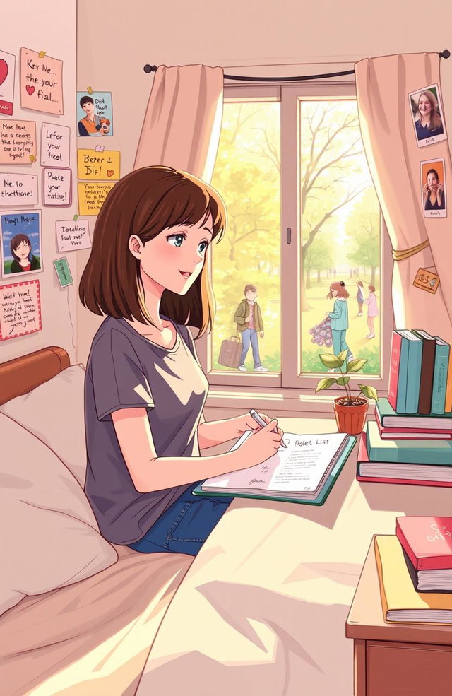 A touching illustration of a teenage girl sitting in a cozy bedroom, filled with warm sunlight streaming through the window