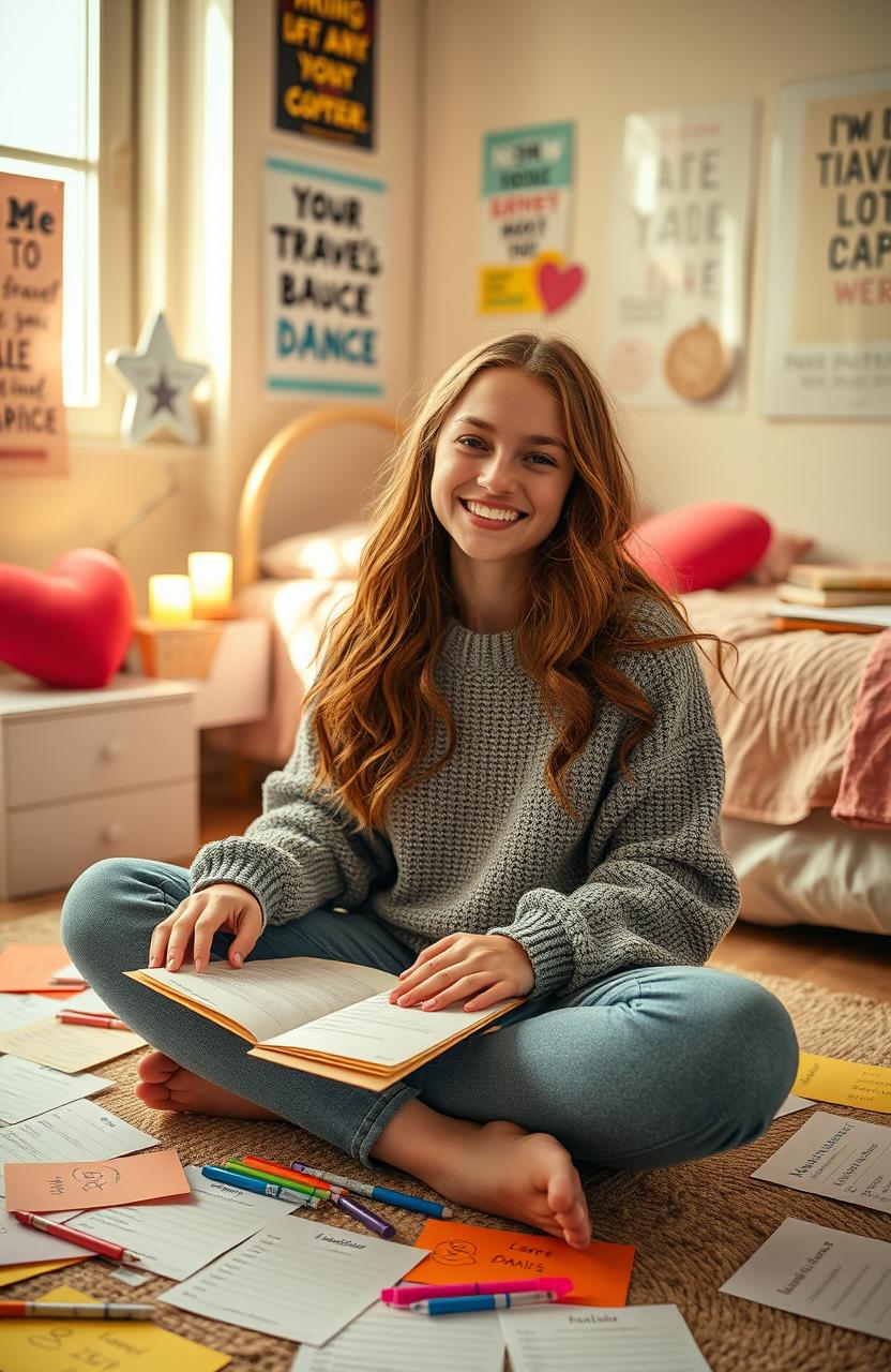 A teenage girl with a bright smile, sitting cross-legged on her bedroom floor, surrounded by colorful papers and markers, creating a bucket list