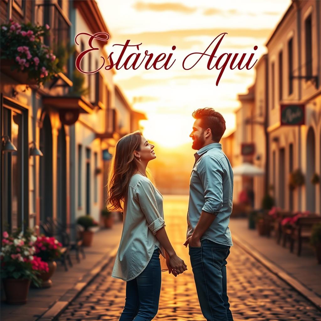 A romantic book cover for a novel titled "Estarei Aqui", set in a charming small town