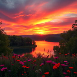 A stunning landscape showcasing a vibrant sunset over a serene lake, with the sky filled with shades of orange, pink, and purple