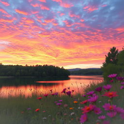 A stunning landscape showcasing a vibrant sunset over a serene lake, with the sky filled with shades of orange, pink, and purple