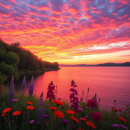 A stunning landscape showcasing a vibrant sunset over a serene lake, with the sky filled with shades of orange, pink, and purple