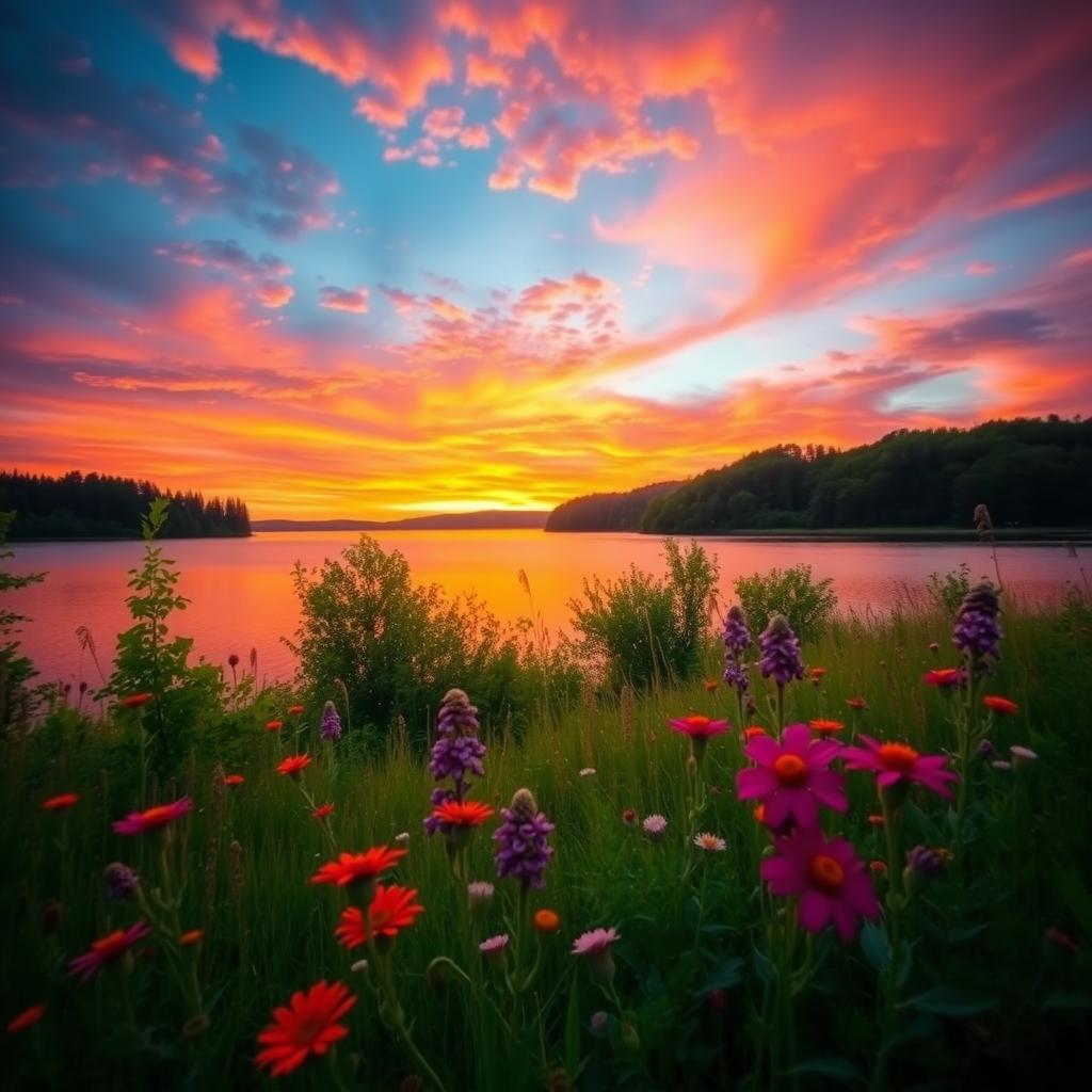 A stunning landscape showcasing a vibrant sunset over a serene lake, with the sky filled with shades of orange, pink, and purple