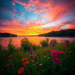 A stunning landscape showcasing a vibrant sunset over a serene lake, with the sky filled with shades of orange, pink, and purple