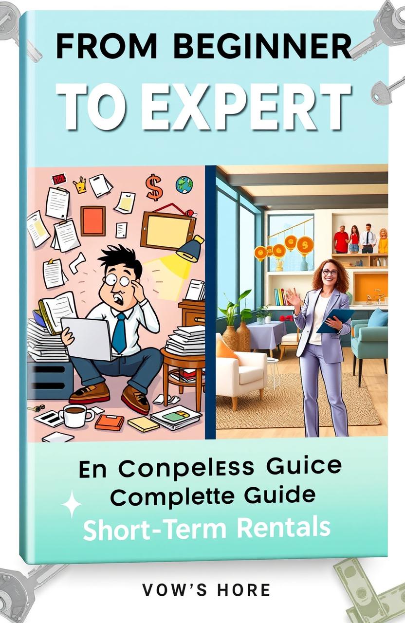 A comprehensive guidebook cover design showing a transition from a novice to an expert in short-term property rentals