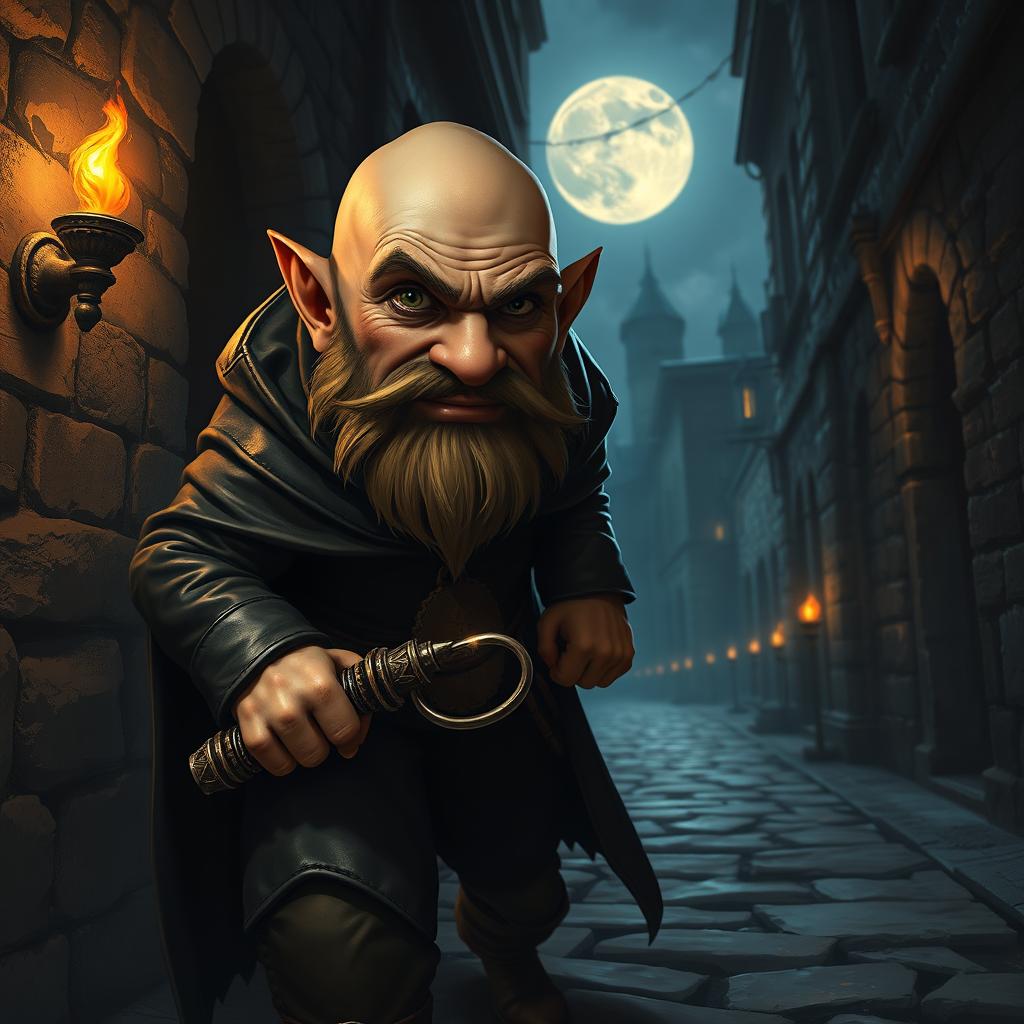 A bald dwarf thief sneaking through a dark alley at night, wearing a dark leather cloak and equipped with a set of shiny lockpicks