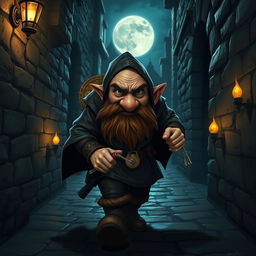 A bald dwarf thief sneaking through a dark alley at night, wearing a dark leather cloak and equipped with a set of shiny lockpicks