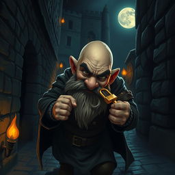 A bald dwarf thief sneaking through a dark alley at night, wearing a dark leather cloak and equipped with a set of shiny lockpicks