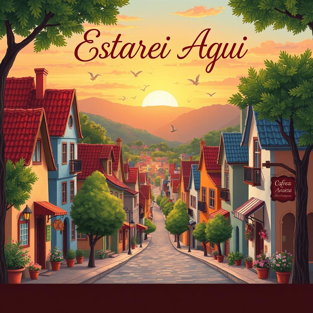 A picturesque small town scene featuring charming, colorful houses, a quaint street lined with trees, and a beautiful sunset in the background