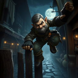 A short-haired dwarf thief, stealthily climbing a wooden fence in a dimly lit market at night