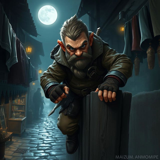 A short-haired dwarf thief, stealthily climbing a wooden fence in a dimly lit market at night