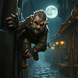 A short-haired dwarf thief, stealthily climbing a wooden fence in a dimly lit market at night