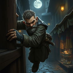 A short-haired dwarf thief, stealthily climbing a wooden fence in a dimly lit market at night