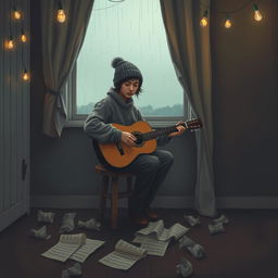 A melancholic scene depicted in an artistic style, featuring a lone musician sitting on a weathered wooden stool, with a vintage guitar resting on their lap