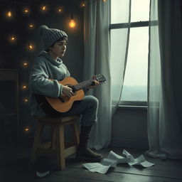 A melancholic scene depicted in an artistic style, featuring a lone musician sitting on a weathered wooden stool, with a vintage guitar resting on their lap