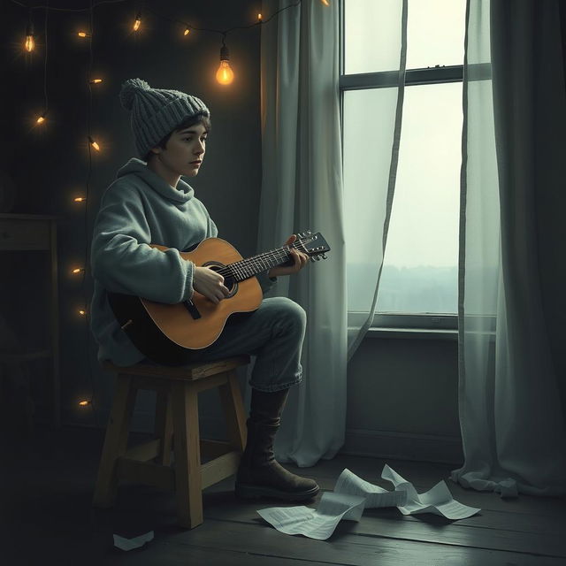 A melancholic scene depicted in an artistic style, featuring a lone musician sitting on a weathered wooden stool, with a vintage guitar resting on their lap