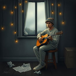 A melancholic scene depicted in an artistic style, featuring a lone musician sitting on a weathered wooden stool, with a vintage guitar resting on their lap