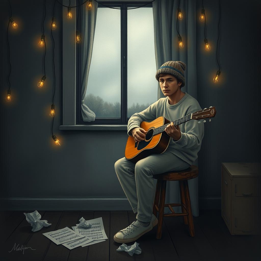 A melancholic scene depicted in an artistic style, featuring a lone musician sitting on a weathered wooden stool, with a vintage guitar resting on their lap