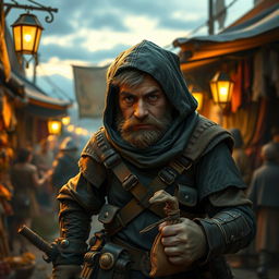 A short-haired dwarf thief stealthily navigating a busy marketplace at dusk, adorned in dark, weathered leather armor, complete with a hood and utility pouches