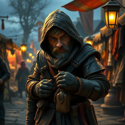 A short-haired dwarf thief stealthily navigating a busy marketplace at dusk, adorned in dark, weathered leather armor, complete with a hood and utility pouches