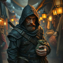 A short-haired dwarf thief stealthily navigating a busy marketplace at dusk, adorned in dark, weathered leather armor, complete with a hood and utility pouches