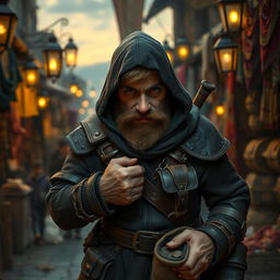 A short-haired dwarf thief stealthily navigating a busy marketplace at dusk, adorned in dark, weathered leather armor, complete with a hood and utility pouches