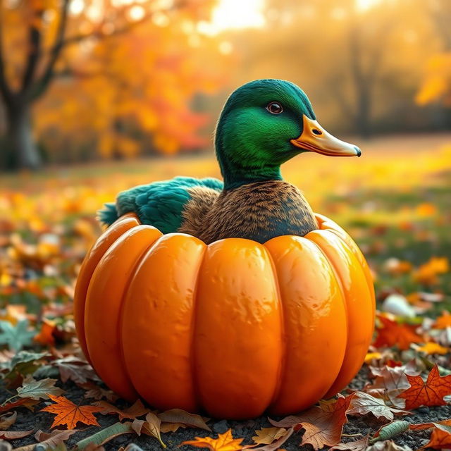 A whimsical scene featuring a duck with a body shaped like a pumpkin, emerging from a bright orange pumpkin