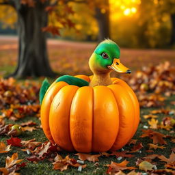 A whimsical scene featuring a duck with a body shaped like a pumpkin, emerging from a bright orange pumpkin