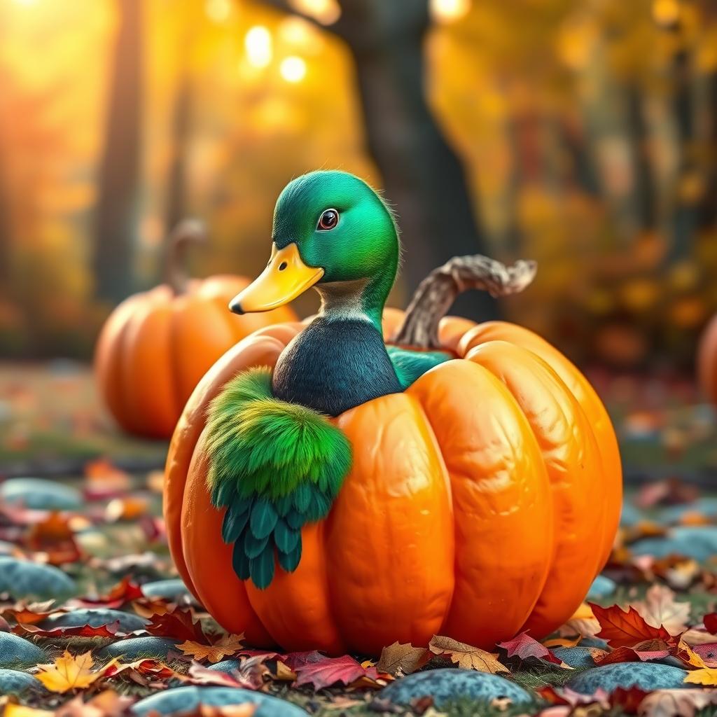 A whimsical scene featuring a duck with a body shaped like a pumpkin, emerging from a bright orange pumpkin