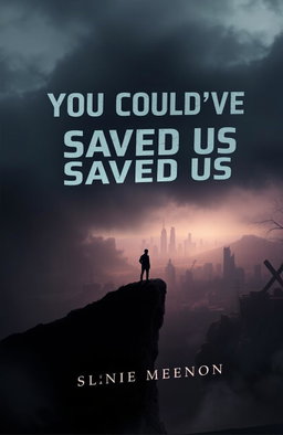 A striking book cover design for 'You Could've Saved Us', featuring a dystopian landscape in muted colors, with a central silhouette of a lone figure standing on a cliff, gazing at a crumbling city skyline in the distance