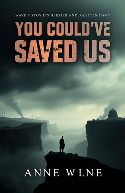 A striking book cover design for 'You Could've Saved Us', featuring a dystopian landscape in muted colors, with a central silhouette of a lone figure standing on a cliff, gazing at a crumbling city skyline in the distance