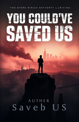 A striking book cover design for 'You Could've Saved Us', featuring a dystopian landscape in muted colors, with a central silhouette of a lone figure standing on a cliff, gazing at a crumbling city skyline in the distance