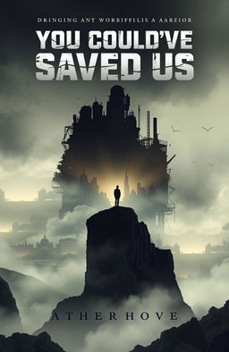 A striking book cover design for 'You Could've Saved Us', featuring a dystopian landscape in muted colors, with a central silhouette of a lone figure standing on a cliff, gazing at a crumbling city skyline in the distance
