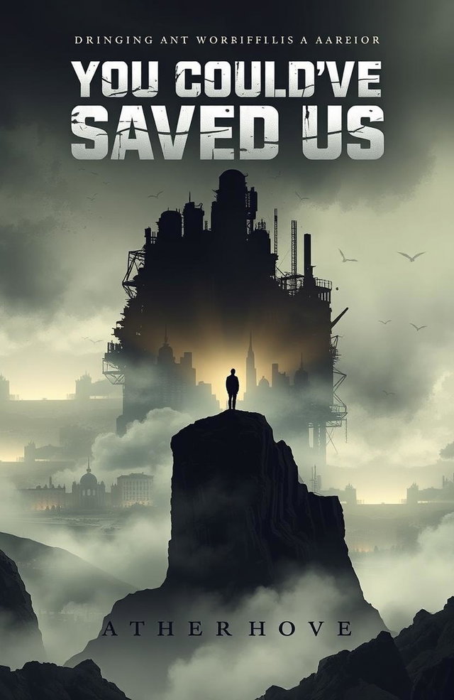 A striking book cover design for 'You Could've Saved Us', featuring a dystopian landscape in muted colors, with a central silhouette of a lone figure standing on a cliff, gazing at a crumbling city skyline in the distance