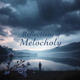 A visually striking album cover for a mixed sad music compilation, featuring a somber yet beautiful landscape at dusk, with dark clouds gathering overhead and raindrops gently falling onto a reflective lake
