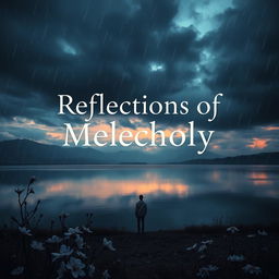 A visually striking album cover for a mixed sad music compilation, featuring a somber yet beautiful landscape at dusk, with dark clouds gathering overhead and raindrops gently falling onto a reflective lake