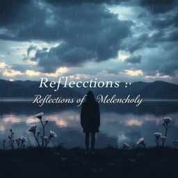 A visually striking album cover for a mixed sad music compilation, featuring a somber yet beautiful landscape at dusk, with dark clouds gathering overhead and raindrops gently falling onto a reflective lake