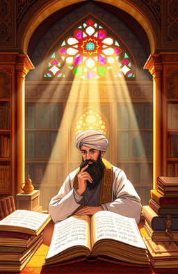 An intricate and colorful illustration representing the concept of 'Faḍaʾil al-Shīʿa', showcasing ideals of Shiite thought and culture