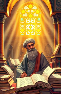 An intricate and colorful illustration representing the concept of 'Faḍaʾil al-Shīʿa', showcasing ideals of Shiite thought and culture