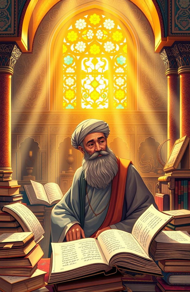 An intricate and colorful illustration representing the concept of 'Faḍaʾil al-Shīʿa', showcasing ideals of Shiite thought and culture