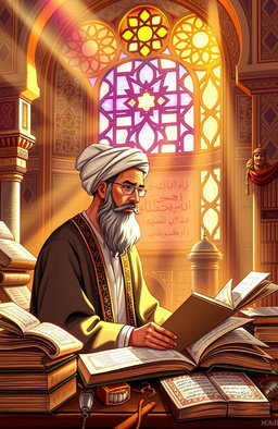 An intricate and colorful illustration representing the concept of 'Faḍaʾil al-Shīʿa', showcasing ideals of Shiite thought and culture