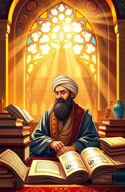 An intricate and colorful illustration representing the concept of 'Faḍaʾil al-Shīʿa', showcasing ideals of Shiite thought and culture