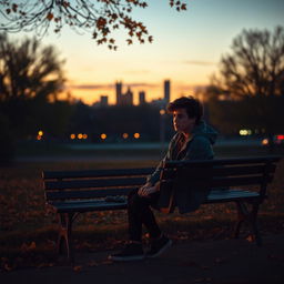 A poignant scene depicting heartbreak, with a solitary figure sitting on a park bench at sunset