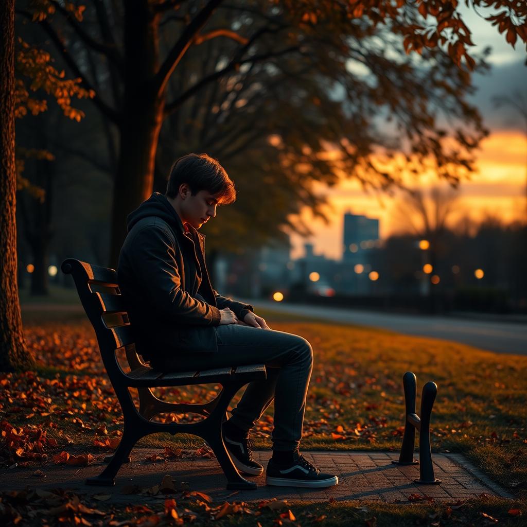 A poignant scene depicting heartbreak, with a solitary figure sitting on a park bench at sunset