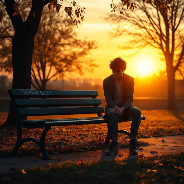 A poignant scene depicting heartbreak, with a solitary figure sitting on a park bench at sunset