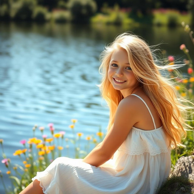 A beautiful blonde girl with a radiant smile, sitting elegantly by a serene lake, surrounded by lush greenery